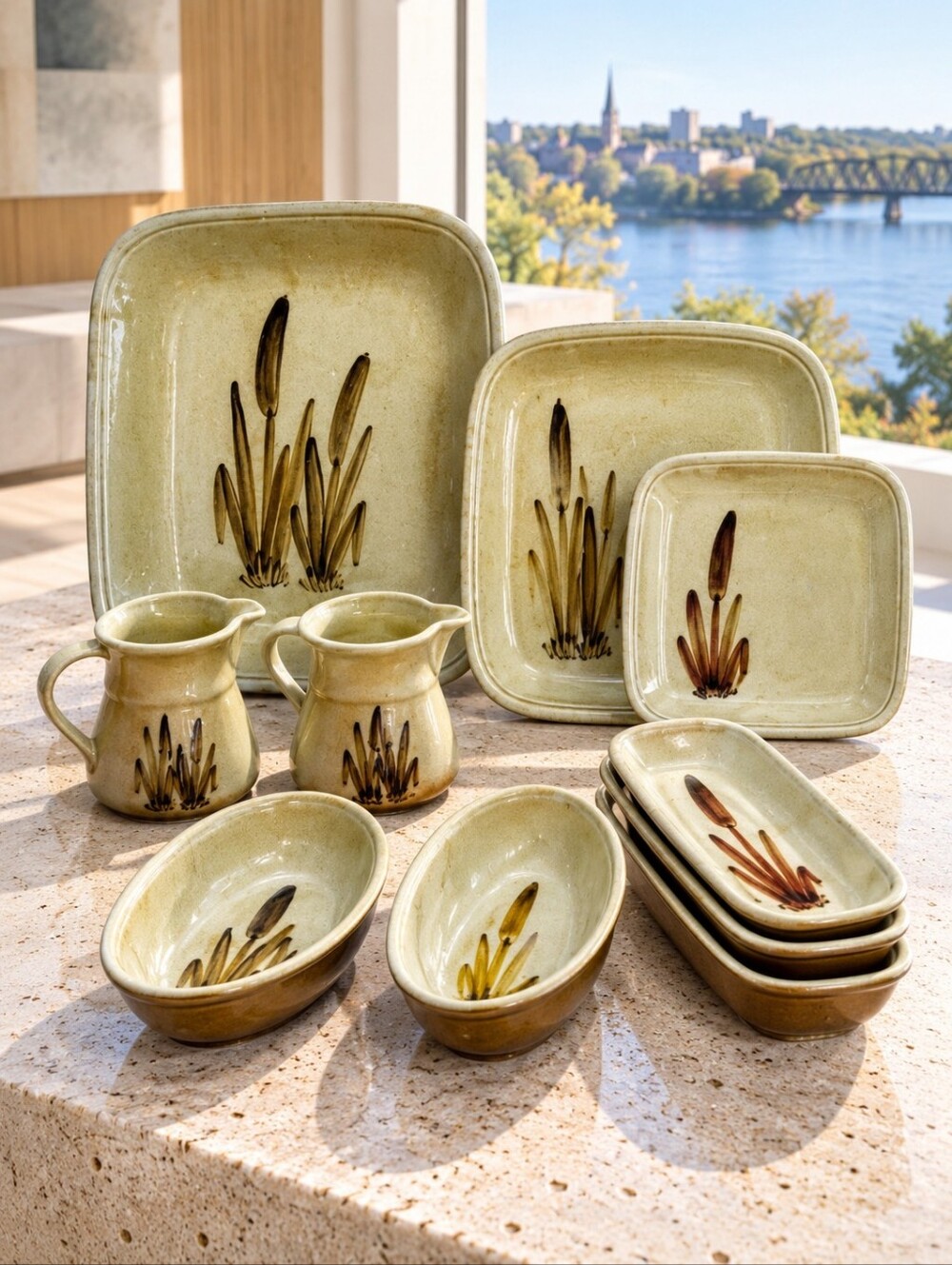 Vintage Galleon Ware Fredericton NB Bullrush Cattail Dinnerware 16 Pc Set